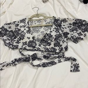 Black and white floral, linen wrap around crop top